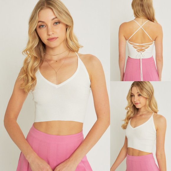 NEW White Halter V Neck Sexy Laced Up Open Back Stretchy Rib Knit Crop Top - Picture 10 of 10